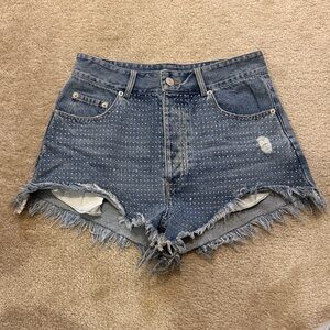 Signature Studded Blue Jean Shorts with Frayed Hem